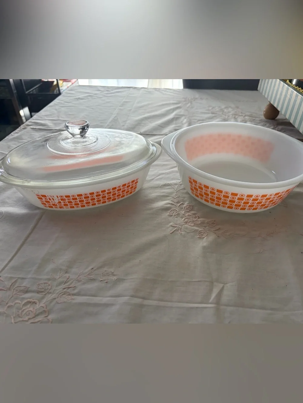 Glassbake White Casserole and Mixing Bowl Set with Orange Geometric Pattern